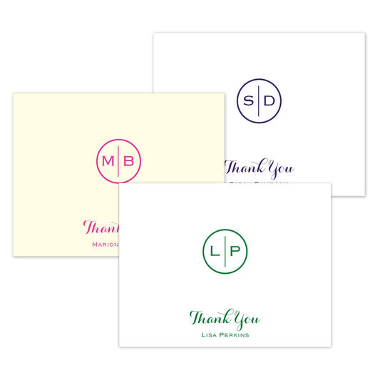 Circle Initials Thank You Folded Note Cards - Raised Ink